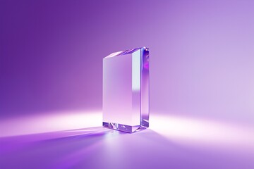 A single large glass prism on a purple background, with light refraction and reflections
