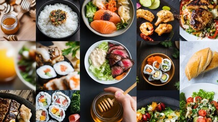 Sushi, Salad and More Food Collage