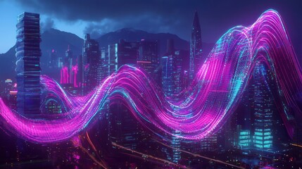 Neon Cityscape:  Digital Wave at Night