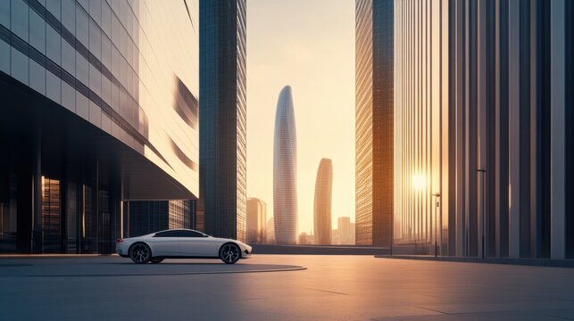 A sleek car plaza with futuristic skyscrapers under a golden hour sky. Featuring elegance and serenity
