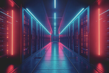 Long corridor illuminated by red and blue lights creating a vibrant and dynamic atmosphere