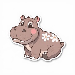 Cute Cartoon Hippopotamus with Flowers in Playful Style