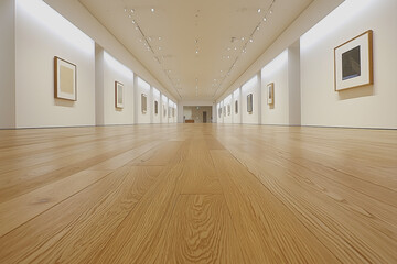Obraz premium Long hallway featuring wooden floor and white walls with natural light streaming through windows