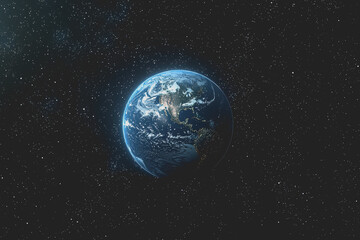 Fototapeta premium Earth in space surrounded by stars with a bright blue star in the background