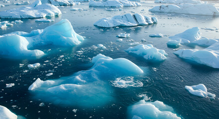 Majestic arctic landscape with sculptural icebergs floating in glacial lagoon