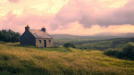 Fototapeta premium Stone Cottage Sunset Landscape Hilltop View