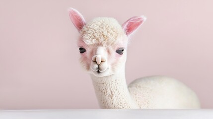 Fototapeta premium Cute Alpaca Portrait Against Pastel Pink Background
