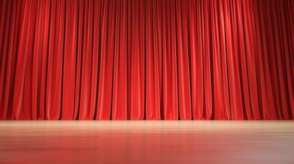 A vibrant red theater curtain drapes elegantly, suggesting anticipation for a performance or event on stage.