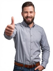 Naklejka premium Cheerful Man with Beard Giving Thumbs Up in Casual Gray Shirt