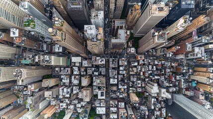 Aerial View of Manhattan's Dense Urban Landscape: A Bird's-Eye Perspective of Skyscrapers and City Streets