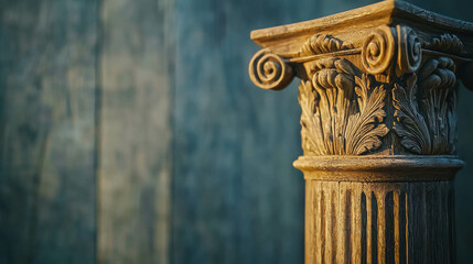 Obraz premium Hand-Carved Wooden Corinthian Column with Intricate Details Set Against Elegant Background