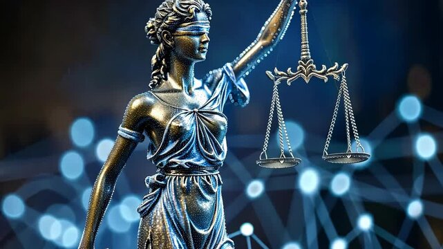 future of justice with AI technology concept, Themis holding balance scale with neon bokeh light 