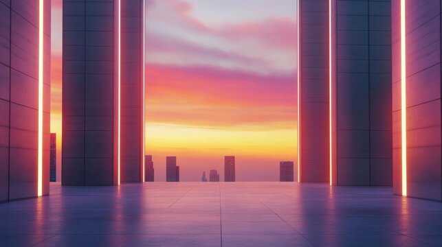 A sleek car plaza with skyscrapers under a vibrant orange and pink sunset. Featuring energy and warmth