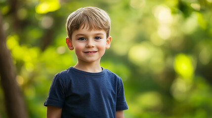 Cute Kid Standing in the Forest with a Head - and - Shoulders Portrait, Soft Natural Light Filtering Through the Trees and a Blurred Green Background