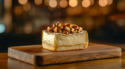 Creamy Brie Cheese on Wooden Board Topped with Caramelized Nuts and Soft Lighting Background