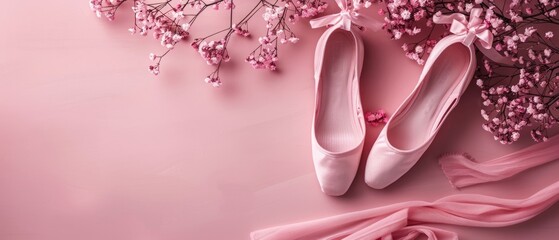 Pink ballet pointe shoes and soft tulle fabric on a pastel pink background. Flat lay composition with copy space for dance and performance design. Top down view of ballet shoes scattering. AIG55.