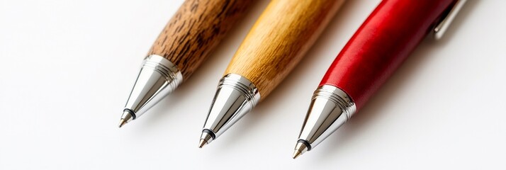 Elegant Close-Up of Three Unique Ballpoint Pens: Wooden Barrel, Soft-Touch Grip, and Vibrant Red Resin - Perfect for Stationery Lovers and Aesthetic Enthusiasts
