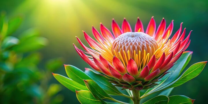 Elegant Madiba Protea flower blooms on a lush green foliage against a vibrant green background, showcasing its unique shape and vibrant colors , Wildflower, Greens