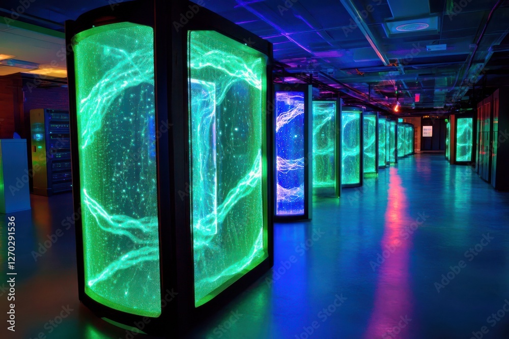Poster futuristic data center with colorful led displays and abstract light patterns creating a high-tech a