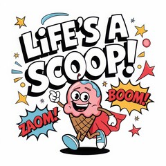 Fun Cartoon Character with Ice Cream and Exciting Expressions