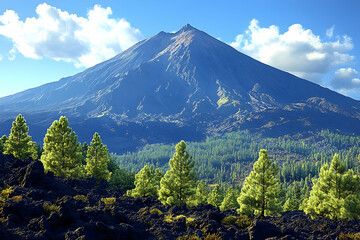 Fototapeta premium Volcanic Mountain Peak With Pine Trees