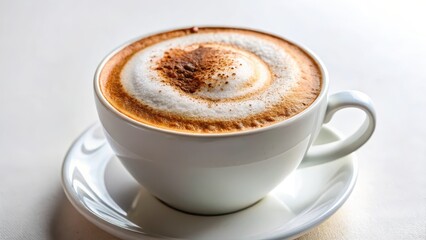 Obraz premium A close-up shot of a perfectly crafted cappuccino with a layer of foam and a sprinkle of cinnamon on top, set against a simple white background, cinnamon, food styling