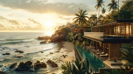 Fototapeta premium Serene Seaside Retreat with Modern Architecture Overlooking Tranquil Waters at Sunset, Surrounded by Lush Tropical Vegetation and Dramatic Rock Formations