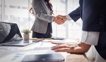 Trusted partner. Businessmen making handshake with partner, Businesswoman handshake and business people. Successful business concept. Banner background, 
