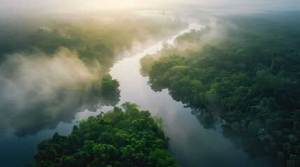Majestic Aerial View of Lush Green Rainforest with Misty River Flowing Through Dense Trees at Dawn in Nature's Breathtaking Landscape