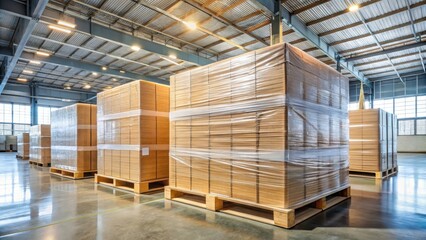 Pallets wrapped with stretch film on warehouse floor , safety, warehouse, safety