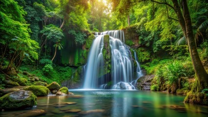 Serene waterfall cascading through dense foliage amidst a tranquil forest backdrop, peaceful, landscape,  peaceful