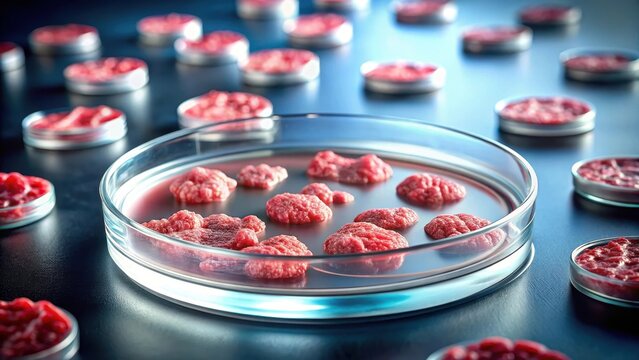 Microscopic view of lab-grown meat cells in a petri dish with transparent gel substrate, cellular biology, biotechnology