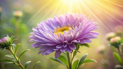 Fototapeta premium Delicate petals unfolding in soft summer light, revealing intricate details of a realistic aster flower, botanical illustration, aster flower