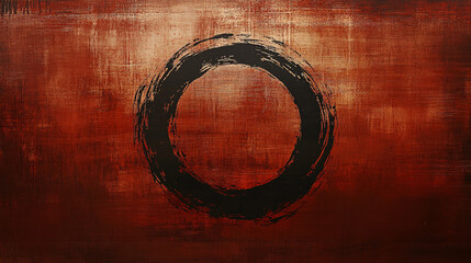 a black zen circle painted with bold strokes on a deep red textured canvas evoking balance meditation and spiritual harmony

