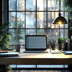 Fototapeta premium A modern workspace featuring a laptop, notebooks, and plants. Natural light streams through large windows, creating an inspiring and productive atmosphere for work and creativity.