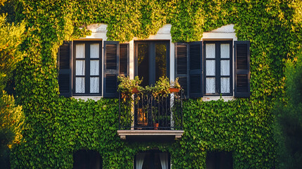 Quaint suburban home featuring ivy-covered walls, black shutters, and a private balcony16:9