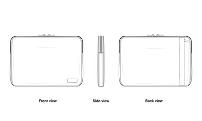 Basic laptop Sleeve Technical Fashion Illustration. Minimalist Zippered tablet Pouch Vector Template. Front, side, and back View. Back Pocket Organizer for Tech Accessories. CAD Mockup Set.