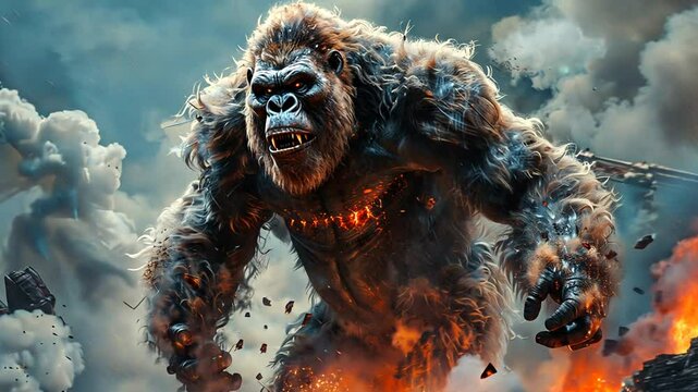 A massive, fierce gorilla emerges from a fiery battlefield, surrounded by smoke and destruction