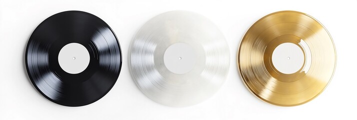 High-Quality Top-View 3D Render of Three Unique Vinyl Records - Classic Black, Transparent Acrylic, and Metallic Gold Edition on White Background