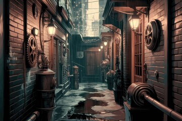 Naklejka premium Brick buildings, glowing gas lamps, detailed machinery, reflections in puddles, overhead lights, moody atmosphere
