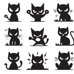 Nine angry black cat silhouettes.