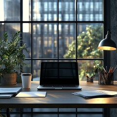 Fototapeta premium A modern workspace featuring a laptop, coffee cup, and lush plants. Sunlight streams through large windows, creating a productive and inspiring atmosphere for creativity and work.