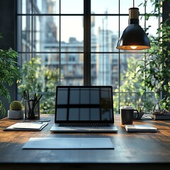 Fototapeta premium A modern workspace featuring a sleek laptop, stationery, and a coffee cup, surrounded by greenery and natural light streaming through large windows.