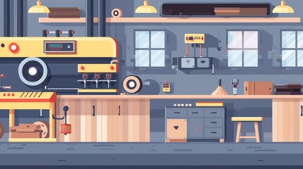 Naklejka premium Modern Workshop with Industrial Equipment and Tools
