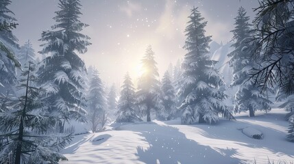 A Serene Winter Landscape Featuring Tall Snow-Covered Trees Bathed in Soft Golden Light Amidst Falling Snowflakes Under a Clear Sky