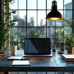Fototapeta premium A modern workspace featuring a sleek laptop, stationery, and green plants. Bright natural light floods through large windows, creating an inspiring atmosphere for productivity.
