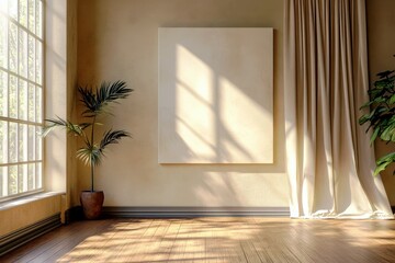Bright and Airy Interior Space with Empty Canvas, Large Window, Potted Plant, and Soft Drapes Evoking Calmness and Creativity in Home Environment