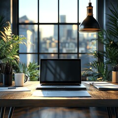Fototapeta premium A modern workspace with a laptop, coffee cup, and plants, illuminated by natural light from a large window