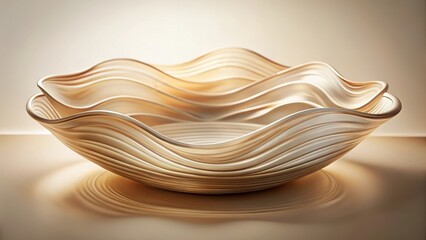 Beige glass layers with wavy, ethereal motion in a shallow dish, evoking a sense of softness and fragility , transparent