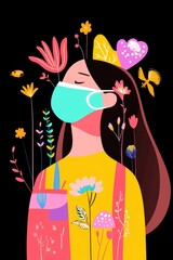 Colorful Illustration of Woman Wearing Mask with Floral Elements